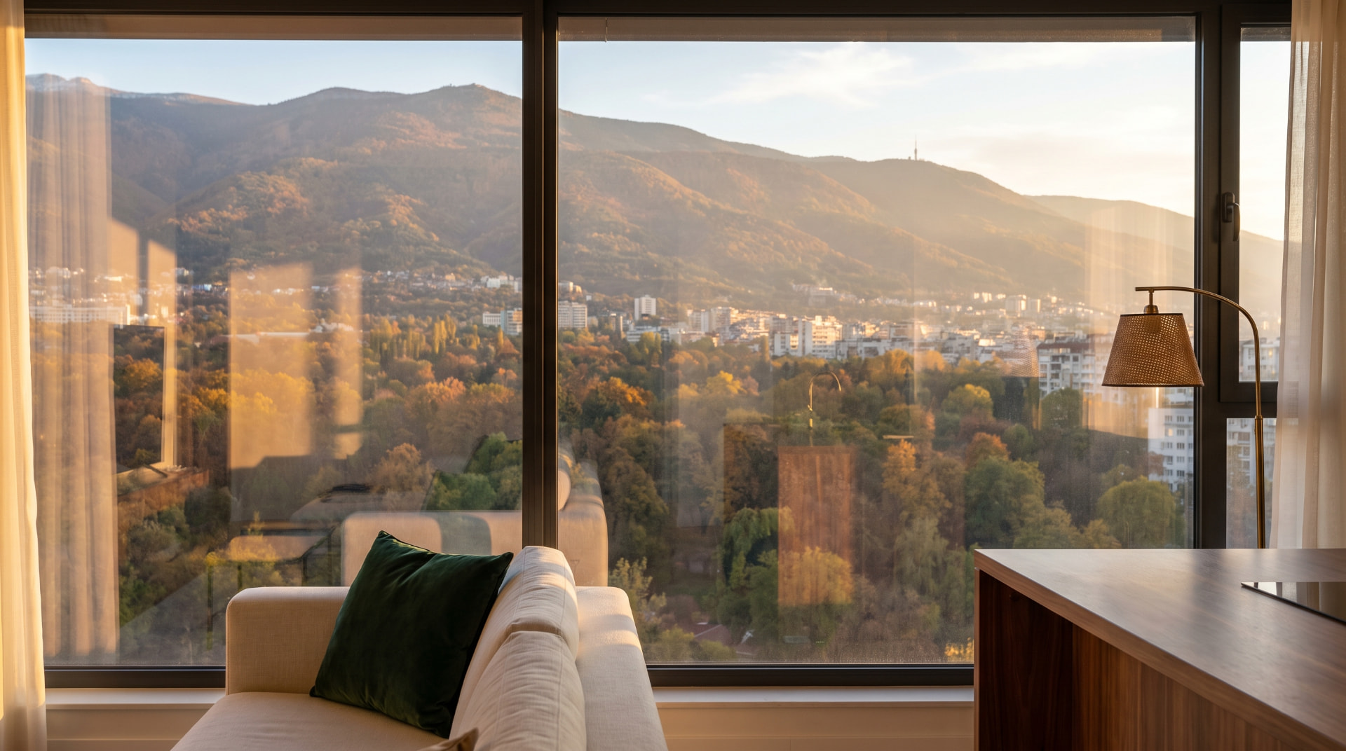 Apartment window view over Sofia towards Vitosha mountain