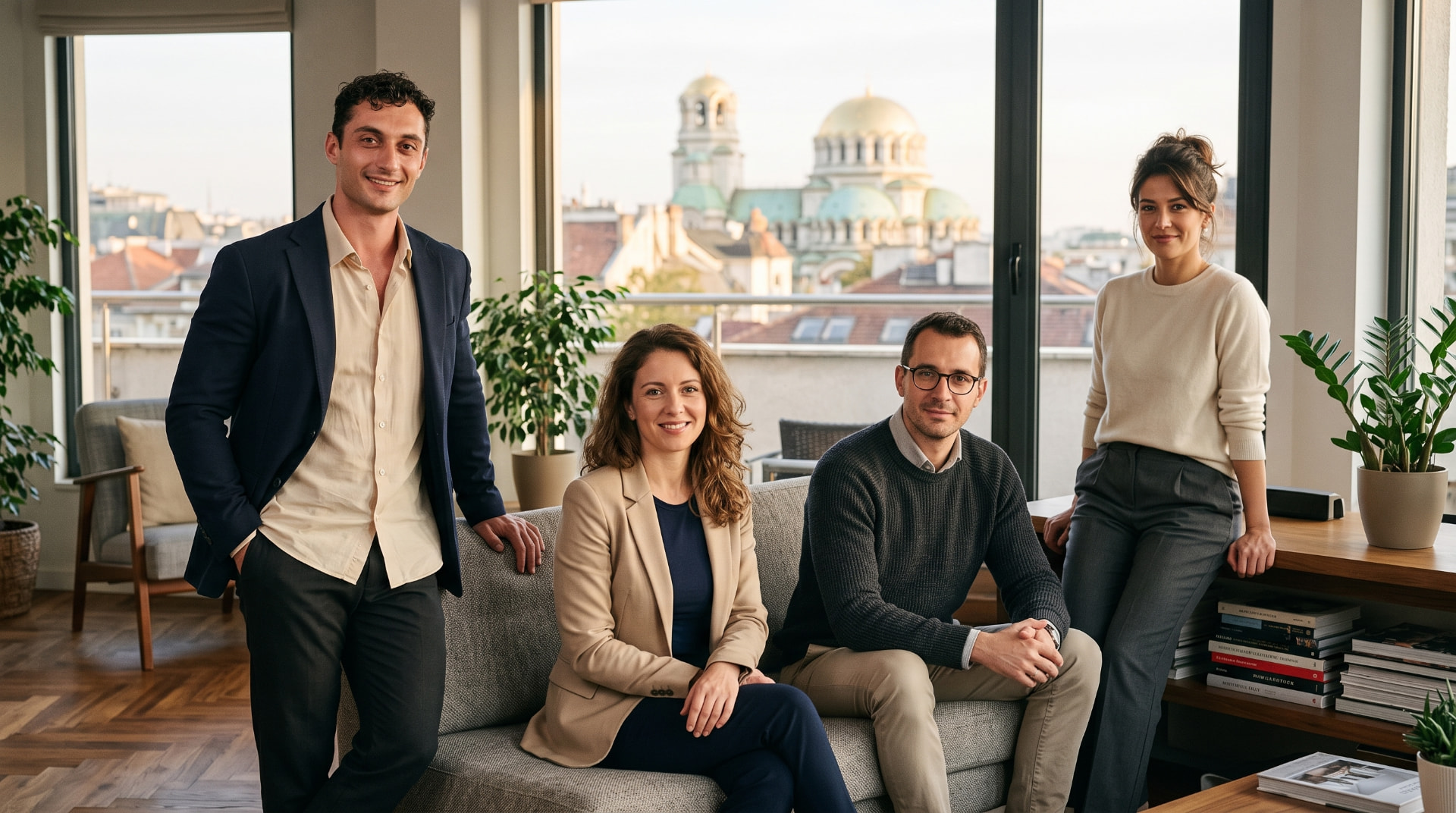 Four people in a bright apartment with Alexander Nevsky Cathedral visible through the windows