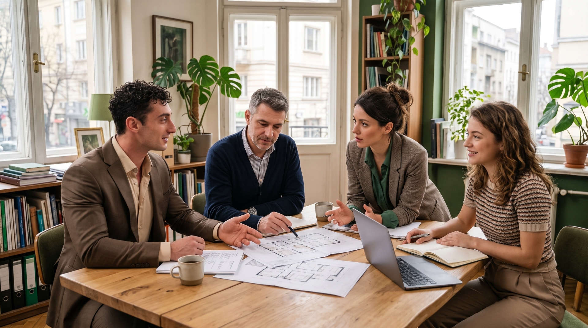 Four people planning around apartment floor plans at a wooden table in a bright Sofia office
